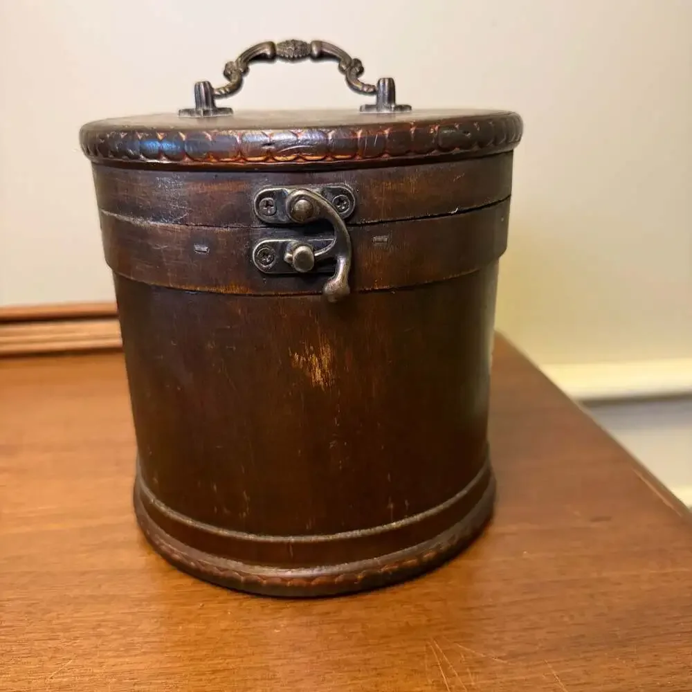 Round Wooden Storage Box with Metal Accents